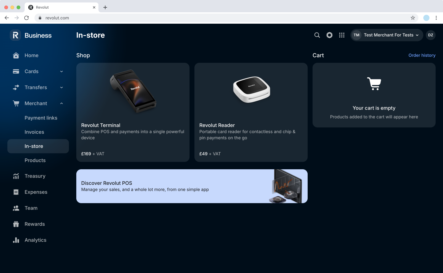 Revolut Business dashboard: In-store settings