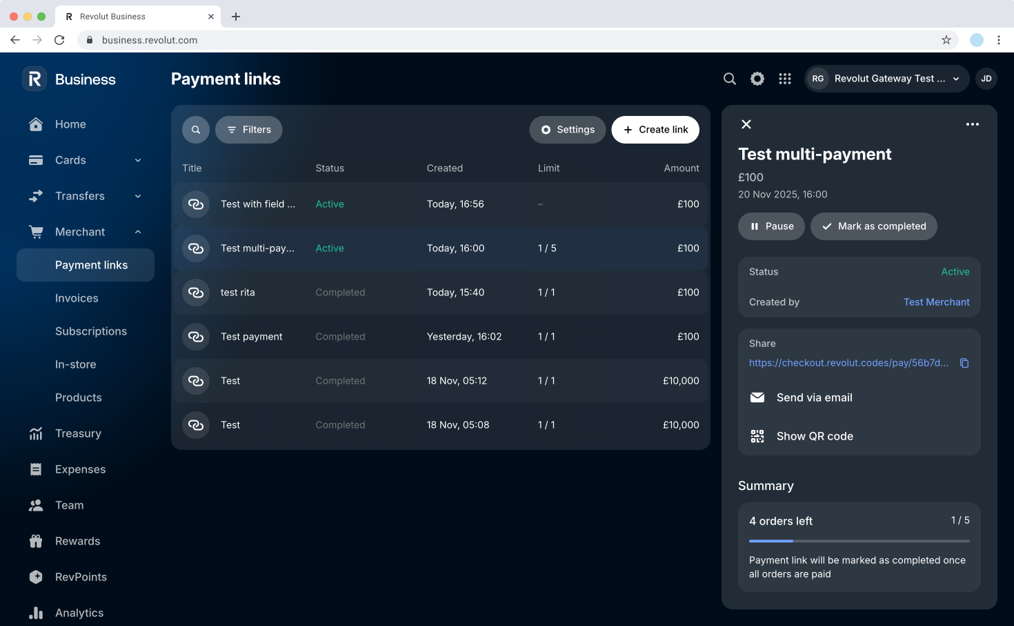 Revolut Business - Payment link overview
