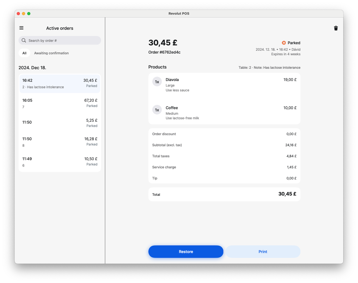 Revolut POS app: Active orders