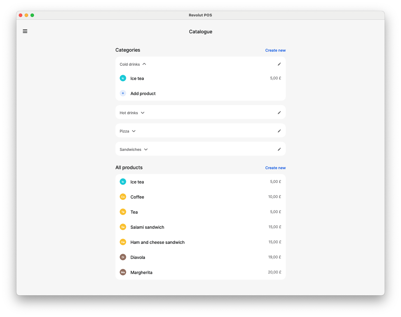 Revolut POS app: Catalogue