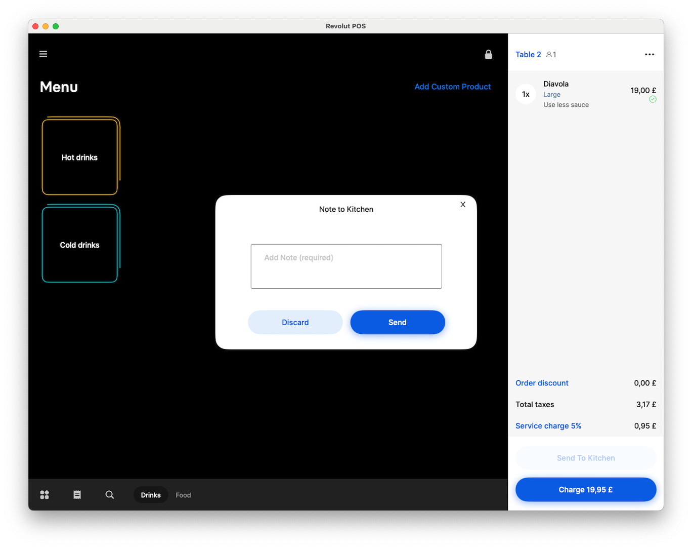 Revolut POS app: Kitchen note