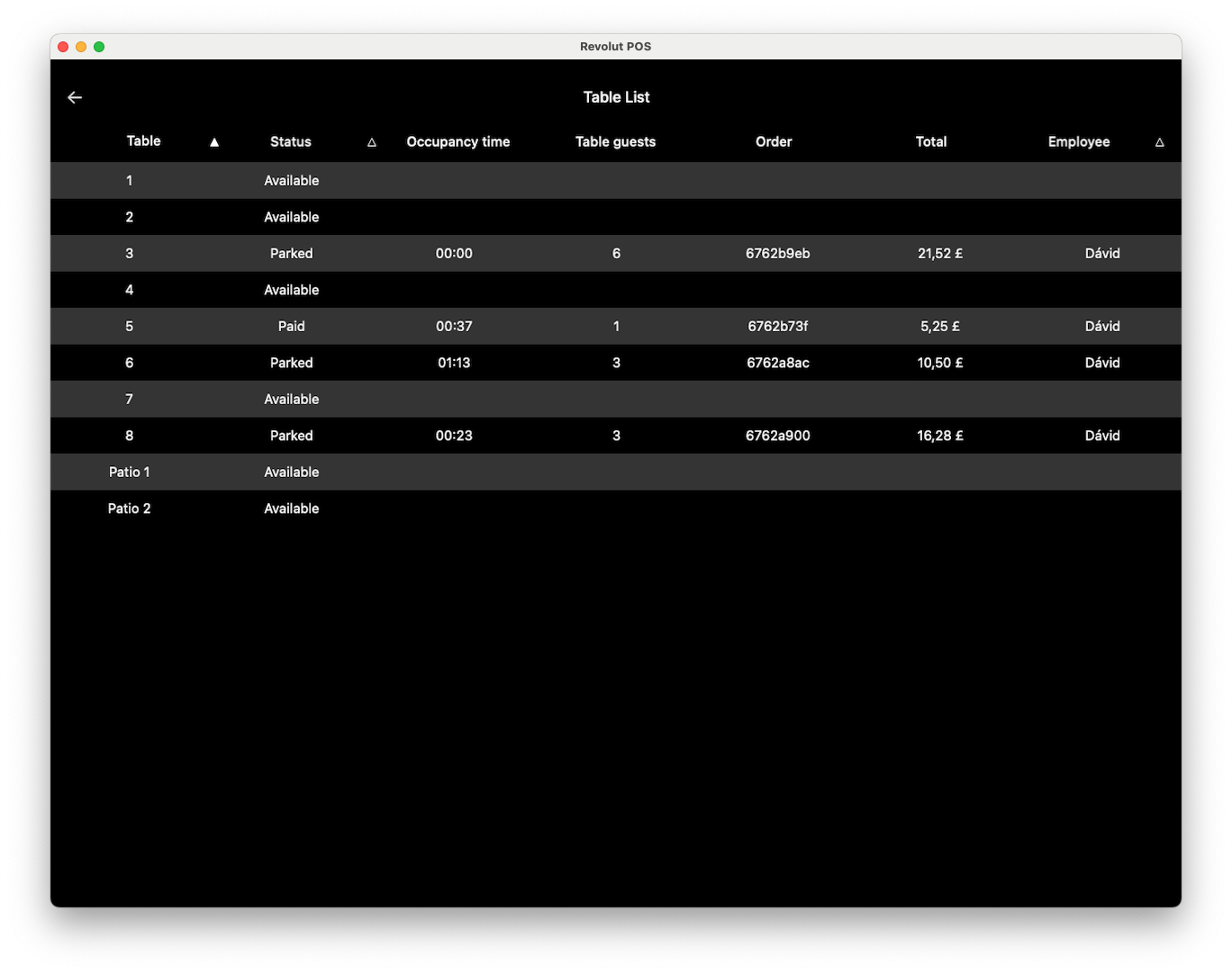 Revolut POS app: Table list
