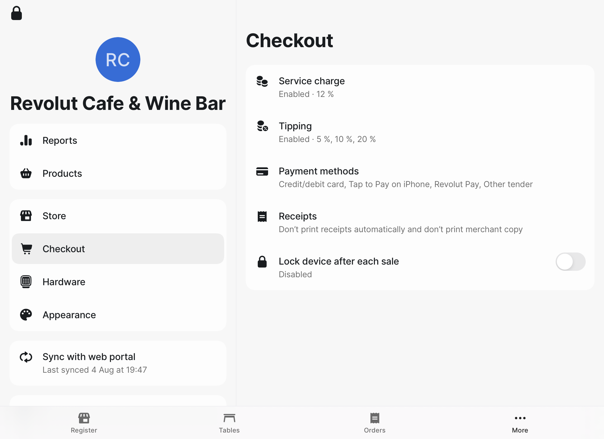 Revolut POS iPad: Checkout settings