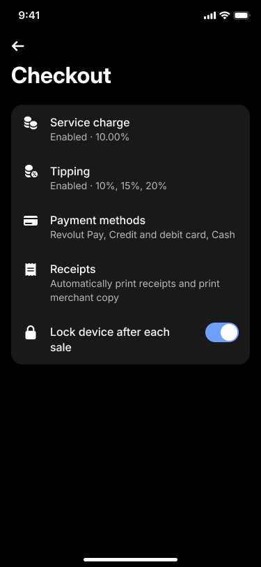 Revolut POS app: Checkout settings