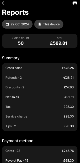 Revolut POS app: Reports