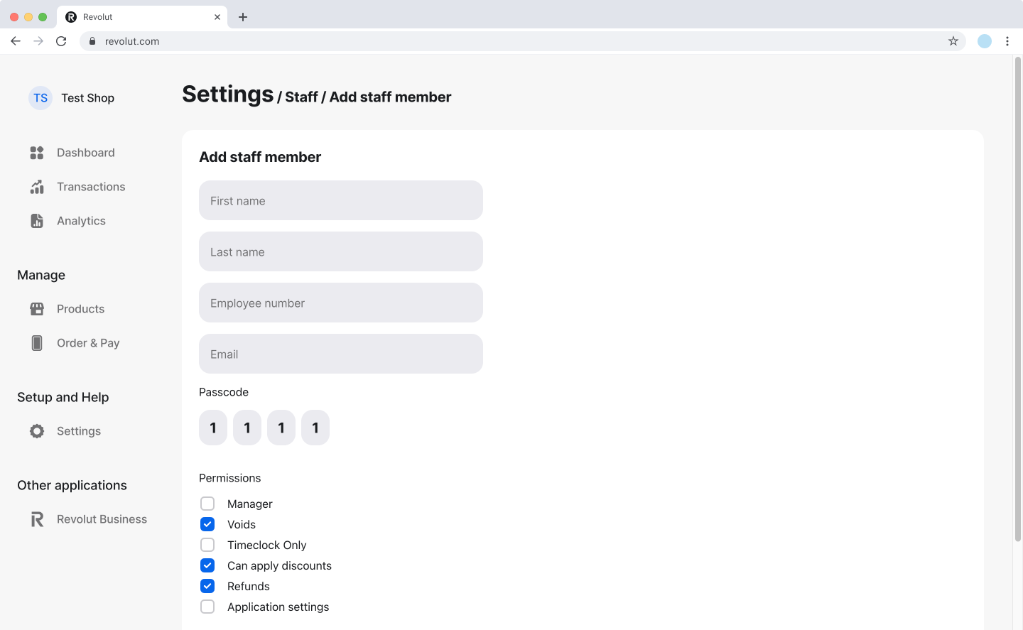 Revolut POS dashboard: Add staff member
