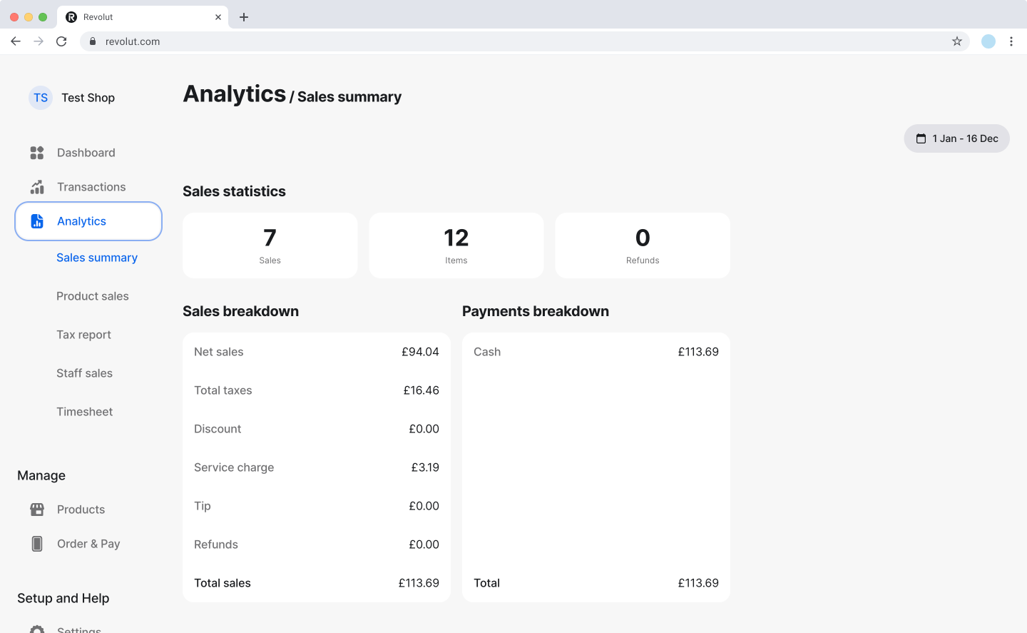 Revolut POS dashboard: Analytics