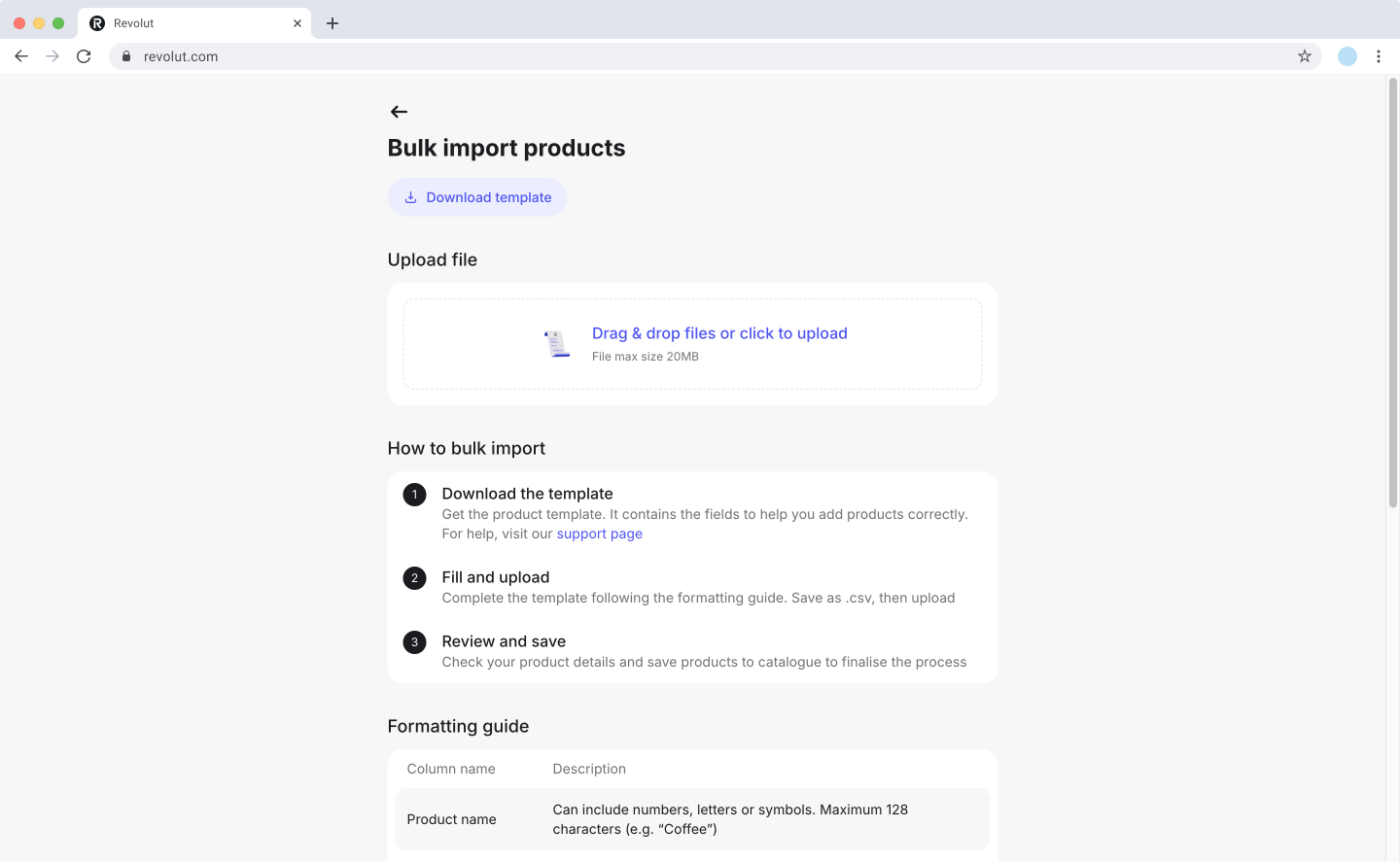 Revolut POS web portal: Bulk import