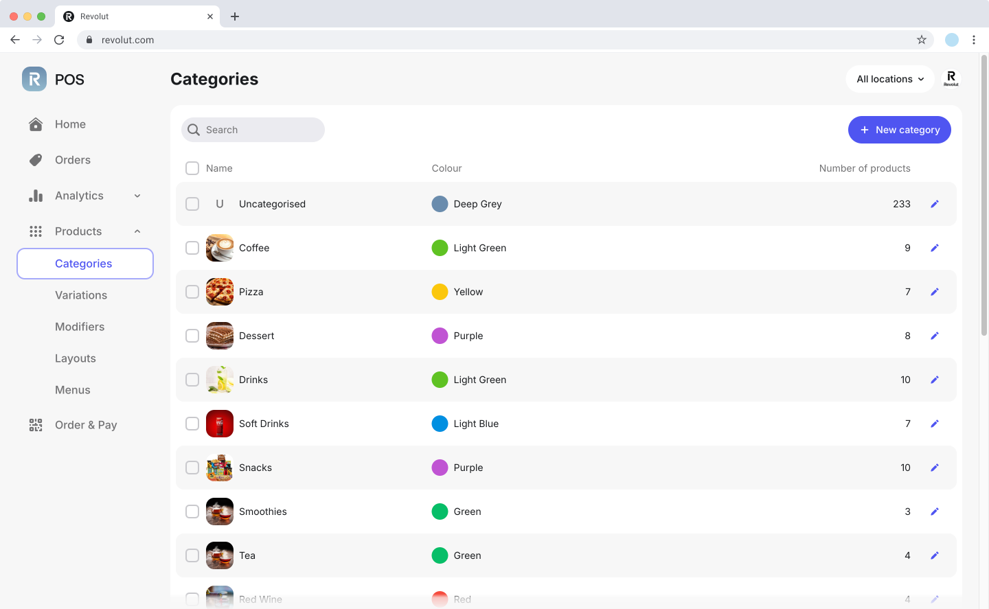 Revolut POS web portal: Categories