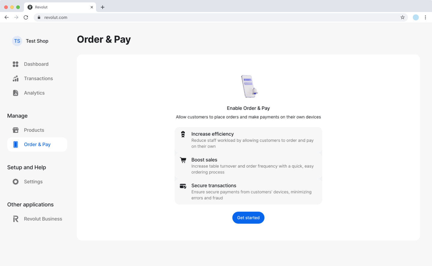 Revolut POS dashboard: Order &amp; Pay