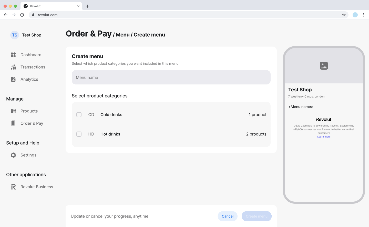 Revolut POS dashboard: Order &amp; Pay - Create menu