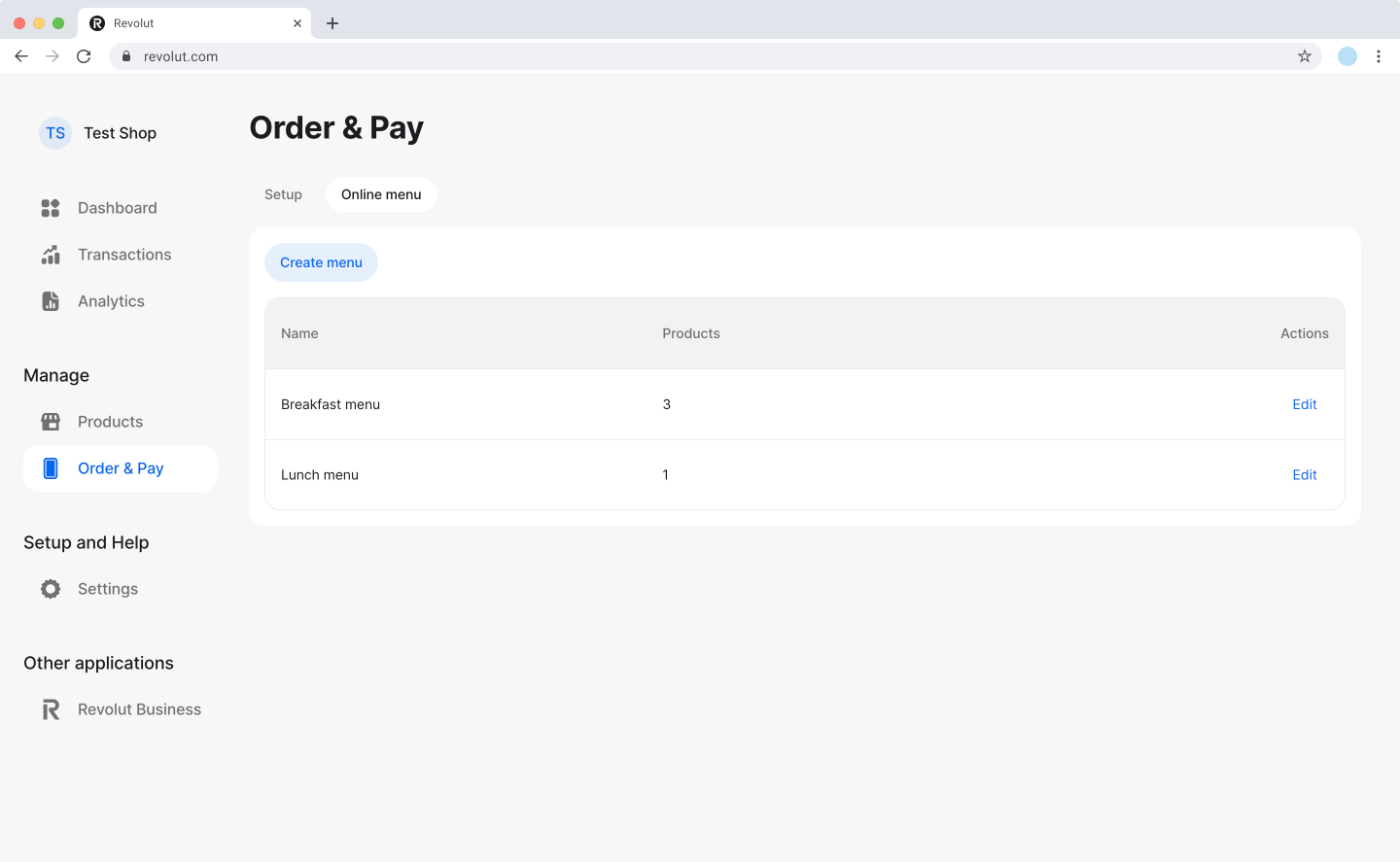 Revolut POS dashboard: Order &amp; Pay - Online menu