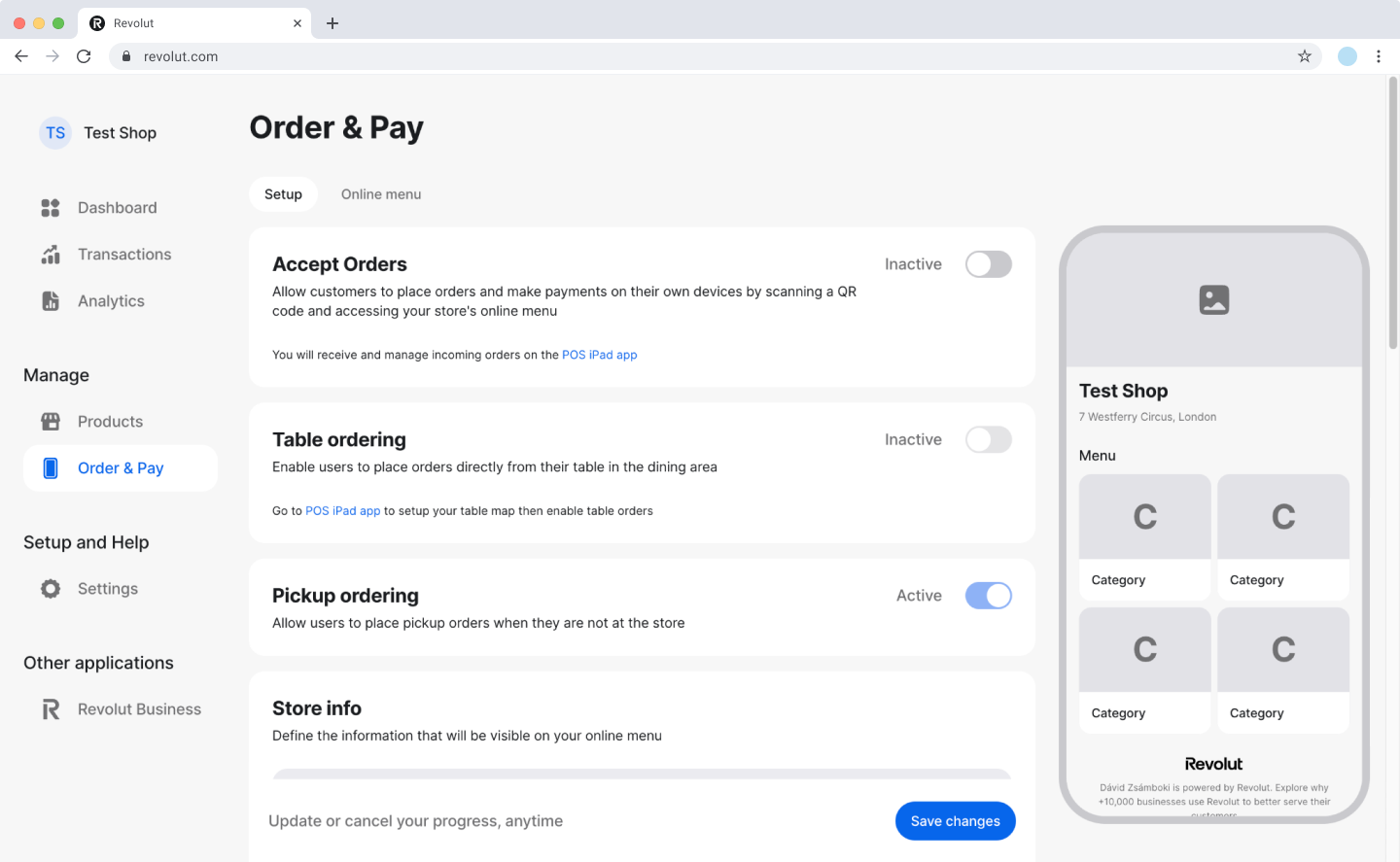 Revolut POS dashboard: Order &amp; Pay - Setup