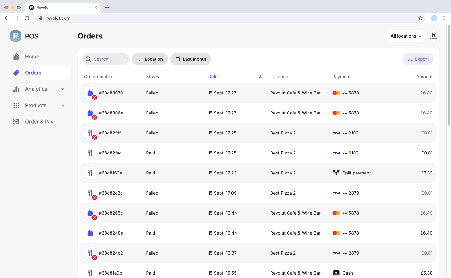 Revolut POS web portal: Orders