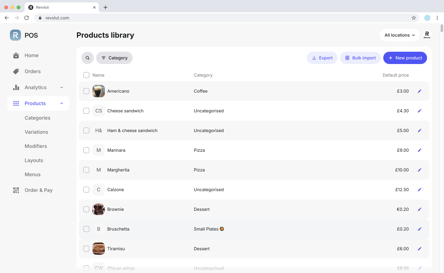 Revolut POS web portal: Products