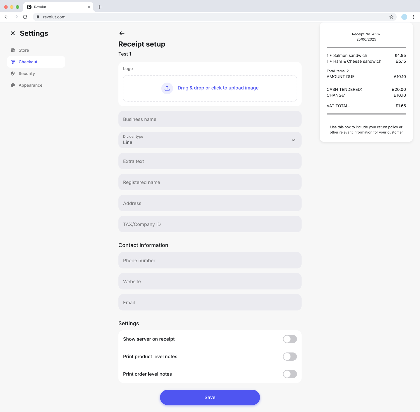 Revolut POS Web Portal: Receipt setup