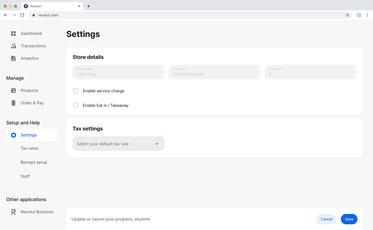 Revolut POS dashboard: Settings