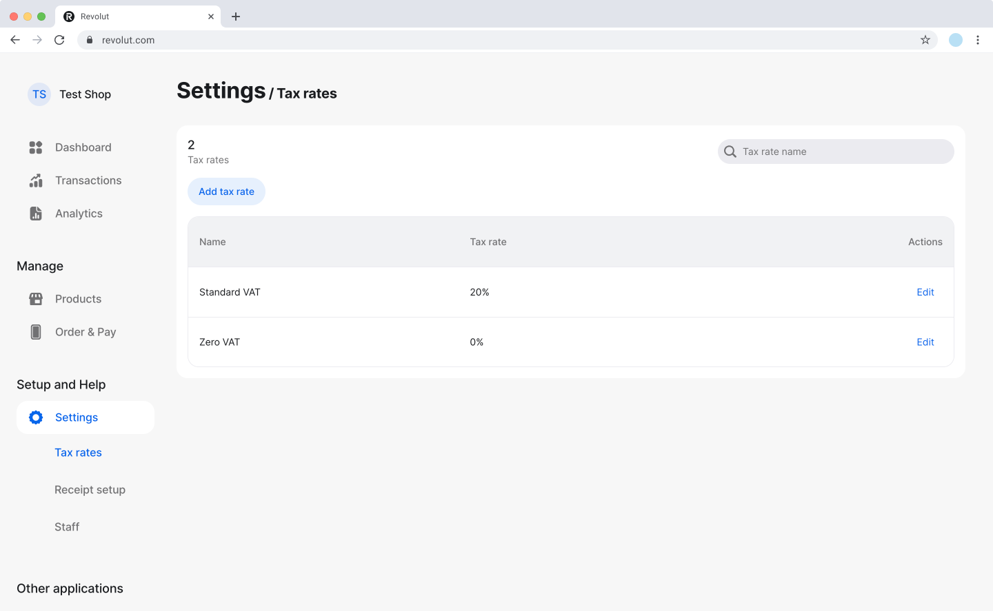 Revolut POS dashboard: Tax rates