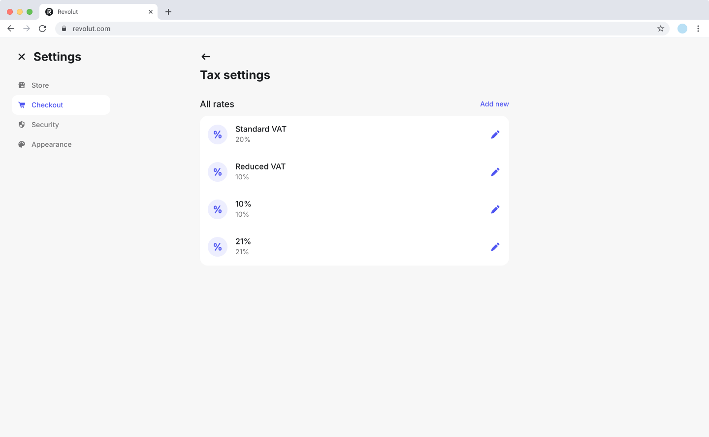 Revolut POS web portal: Tax rates