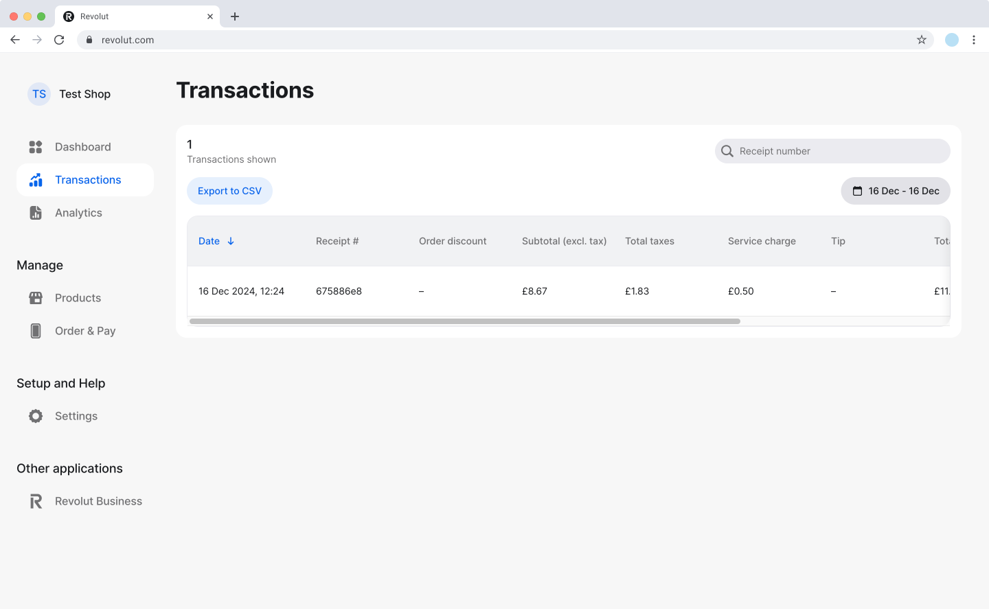 Revolut POS dashboard: Transactions