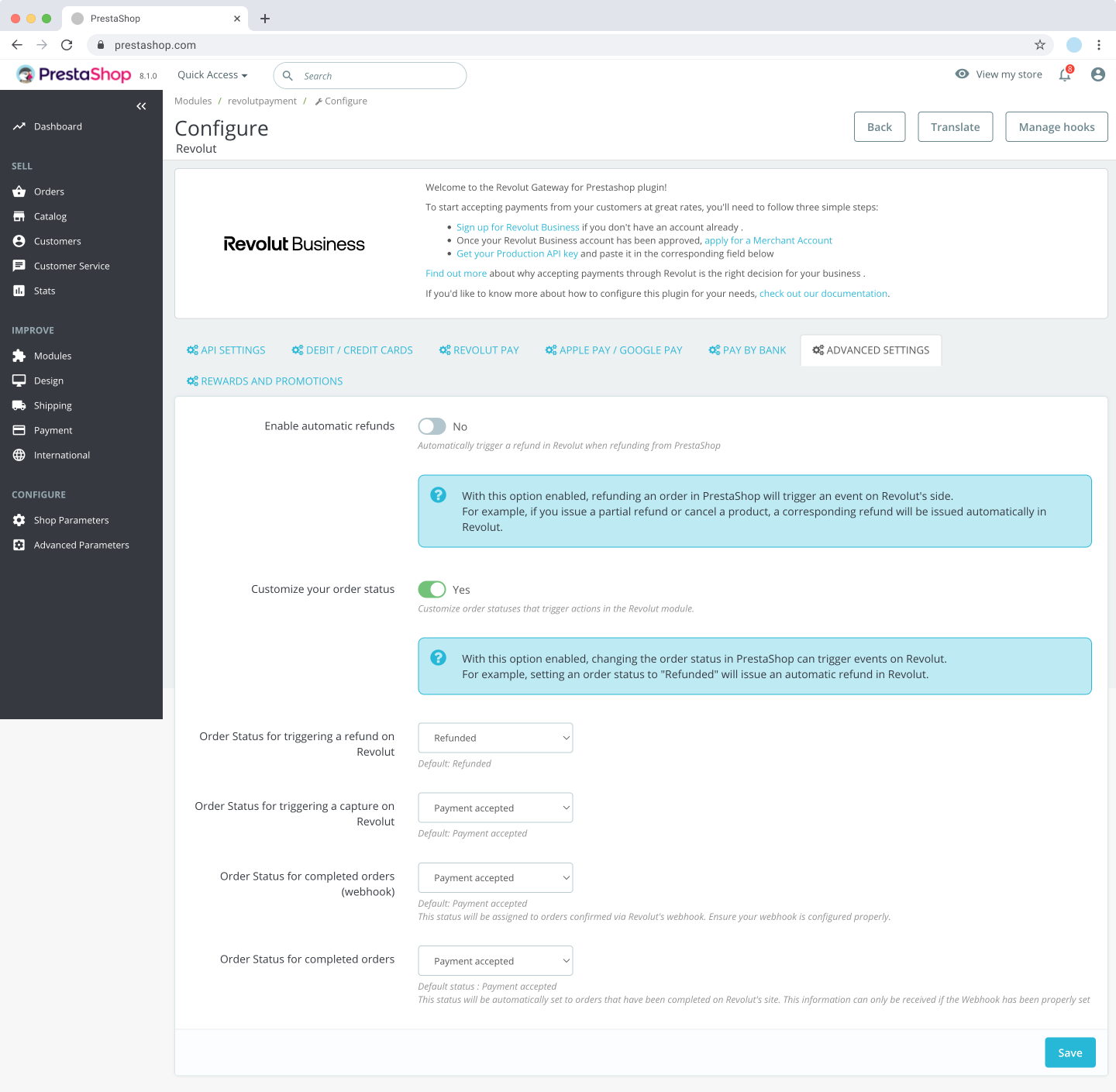 PrestaShop - Revolut Gateway advanced settings