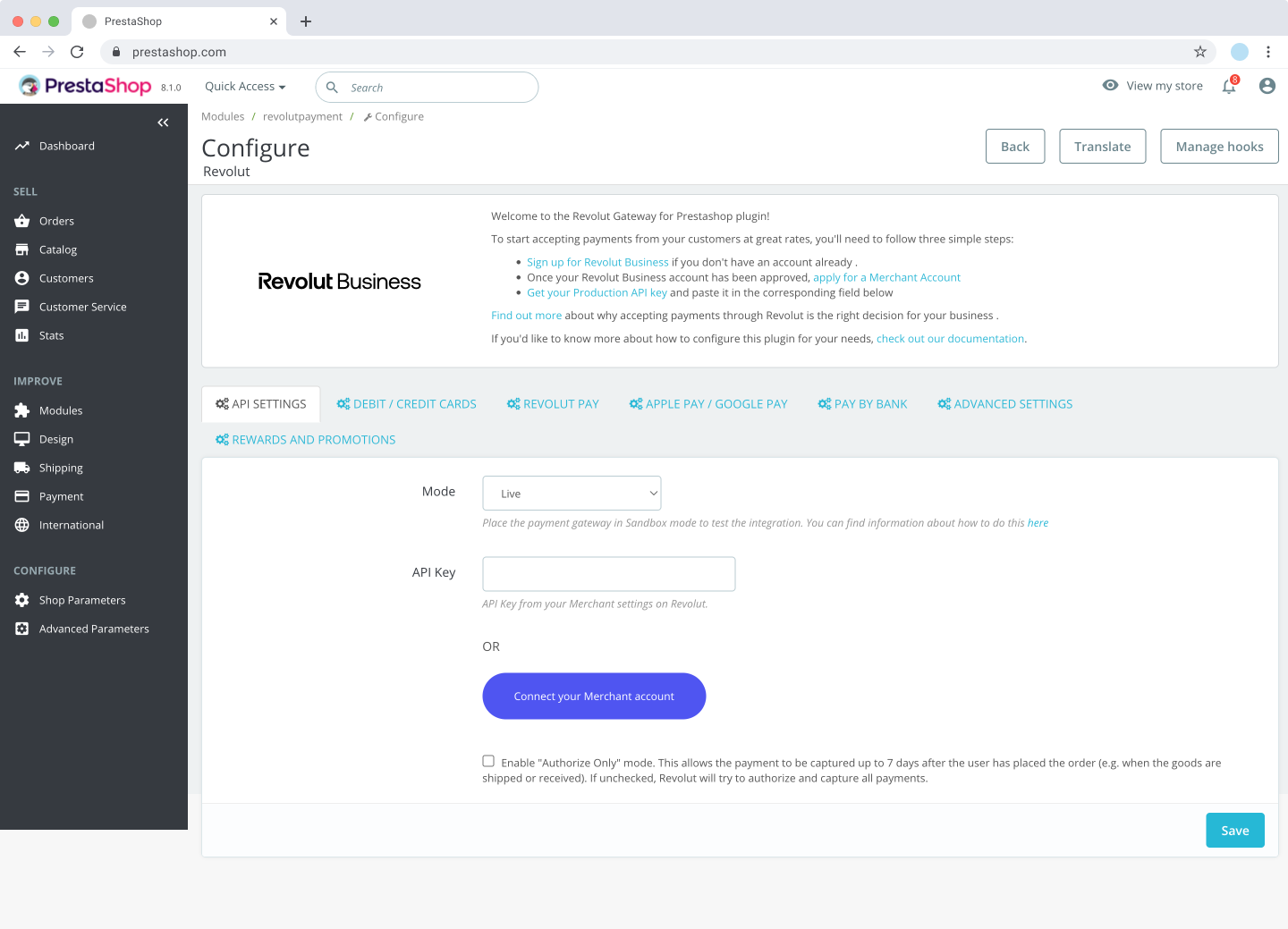 PrestaShop - Revolut Gateway: API settings