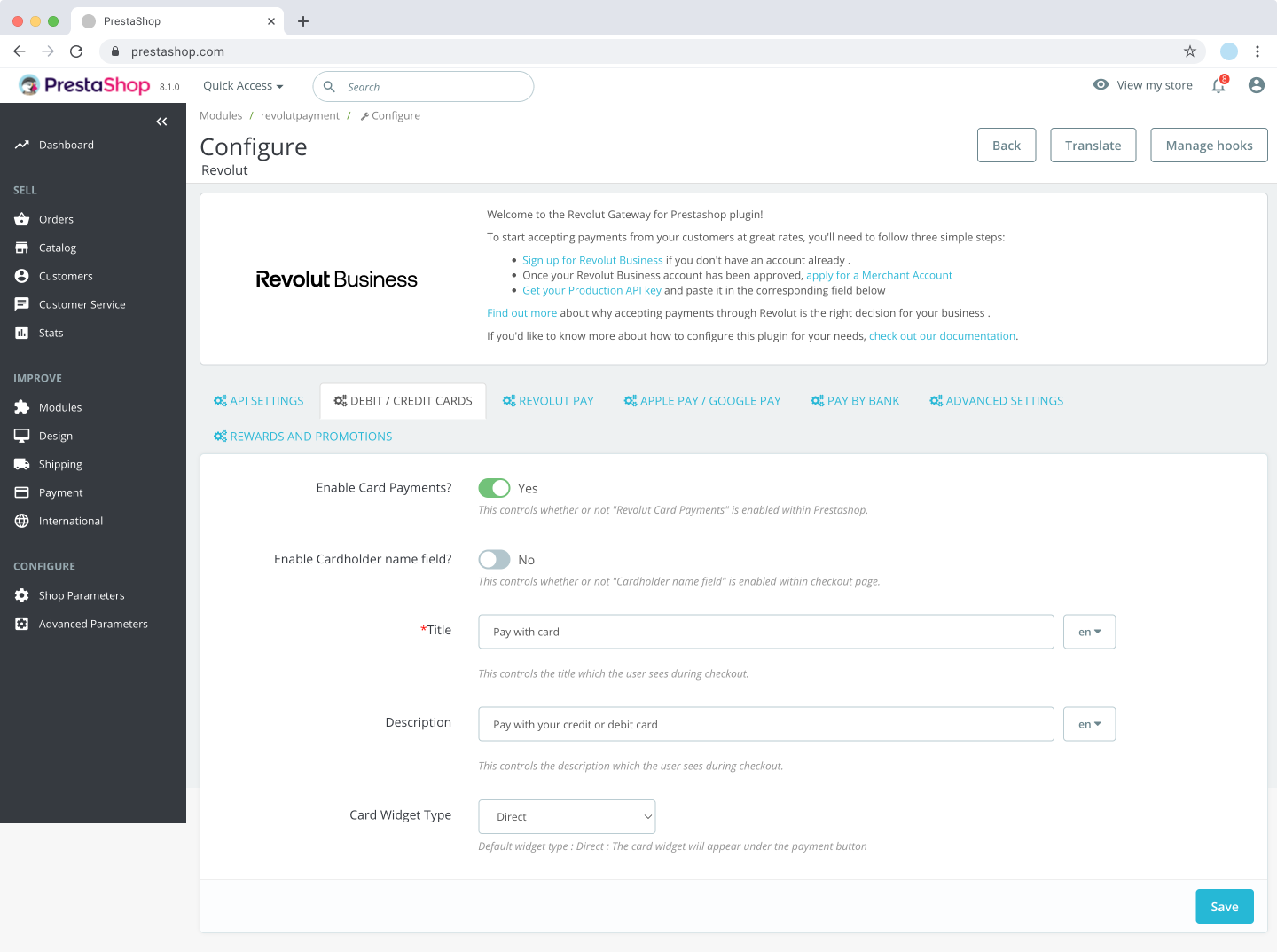 PrestaShop - Card settings