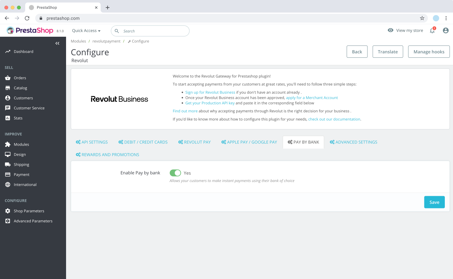 PrestaShop - Pay by Bank settings