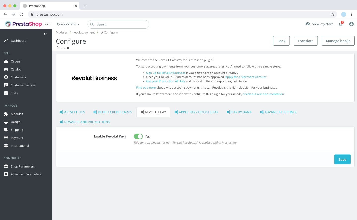 PrestaShop - Revolut Pay settings