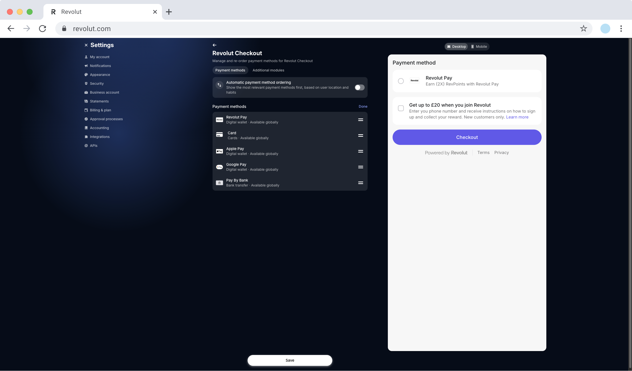 Revolut Checkout - Reorder payment methods Revolut Checkout - Reorder payment methods
