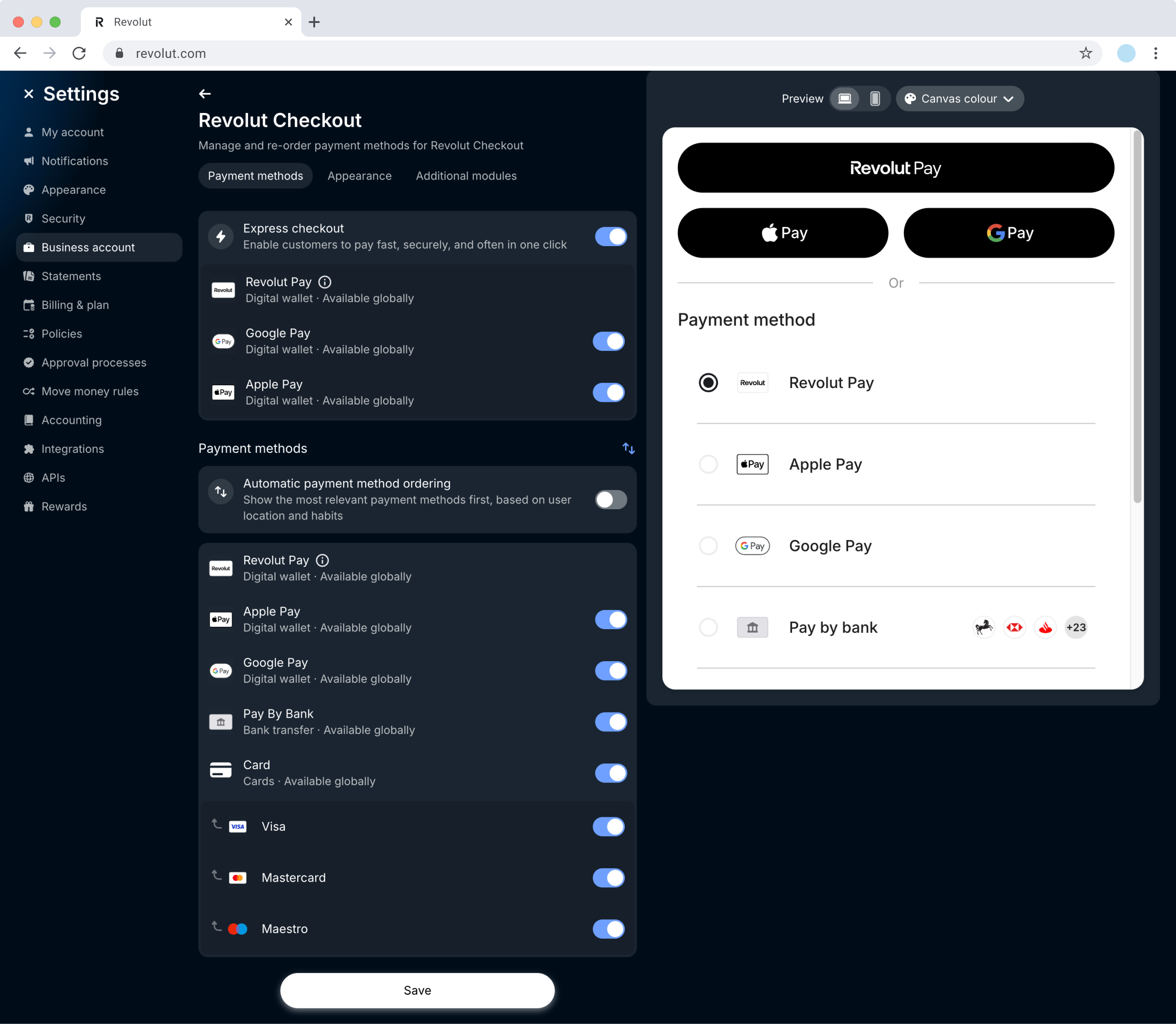 Revolut Checkout - Payment methods