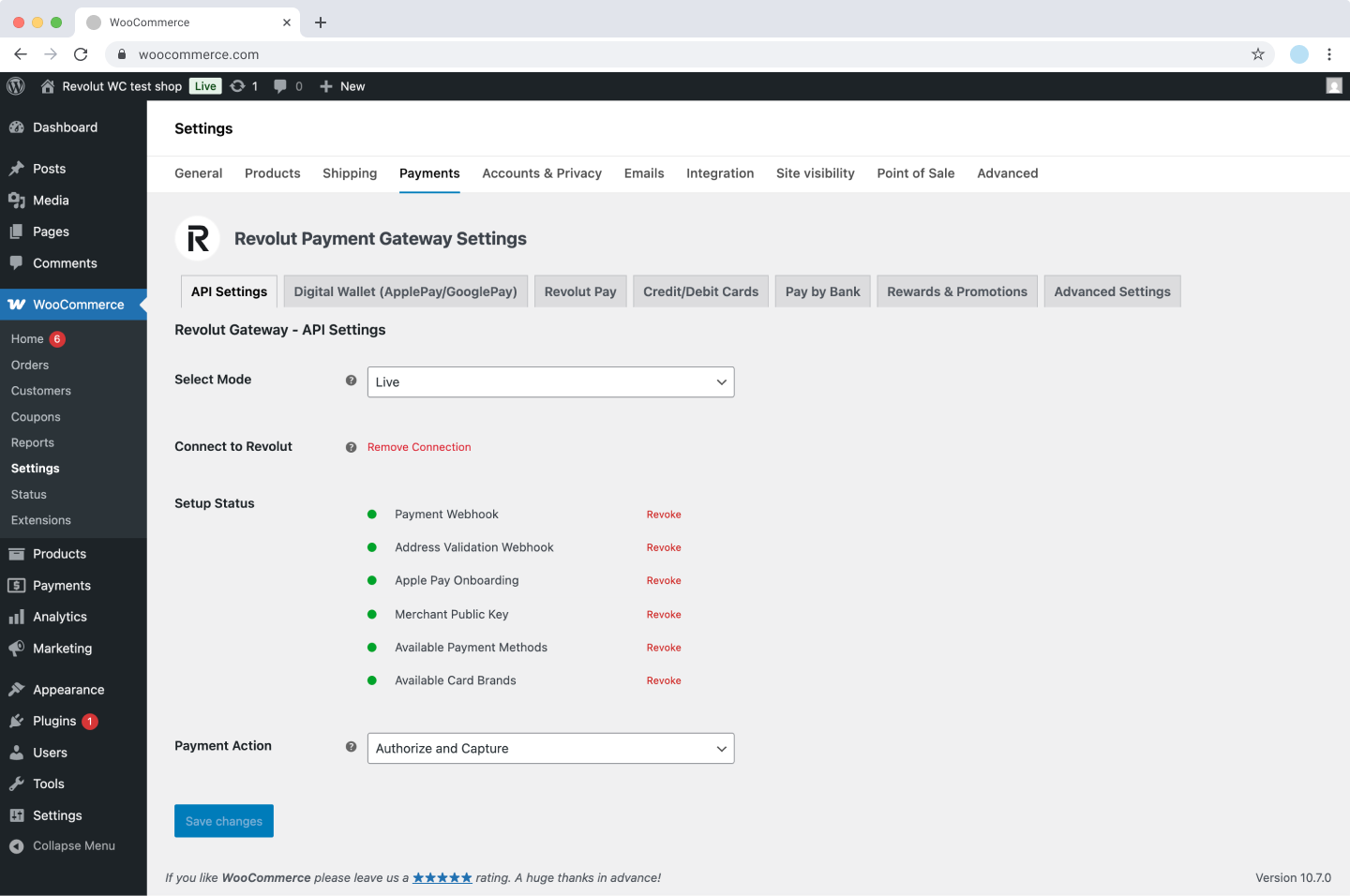 WooCommerce - API settings (connected)