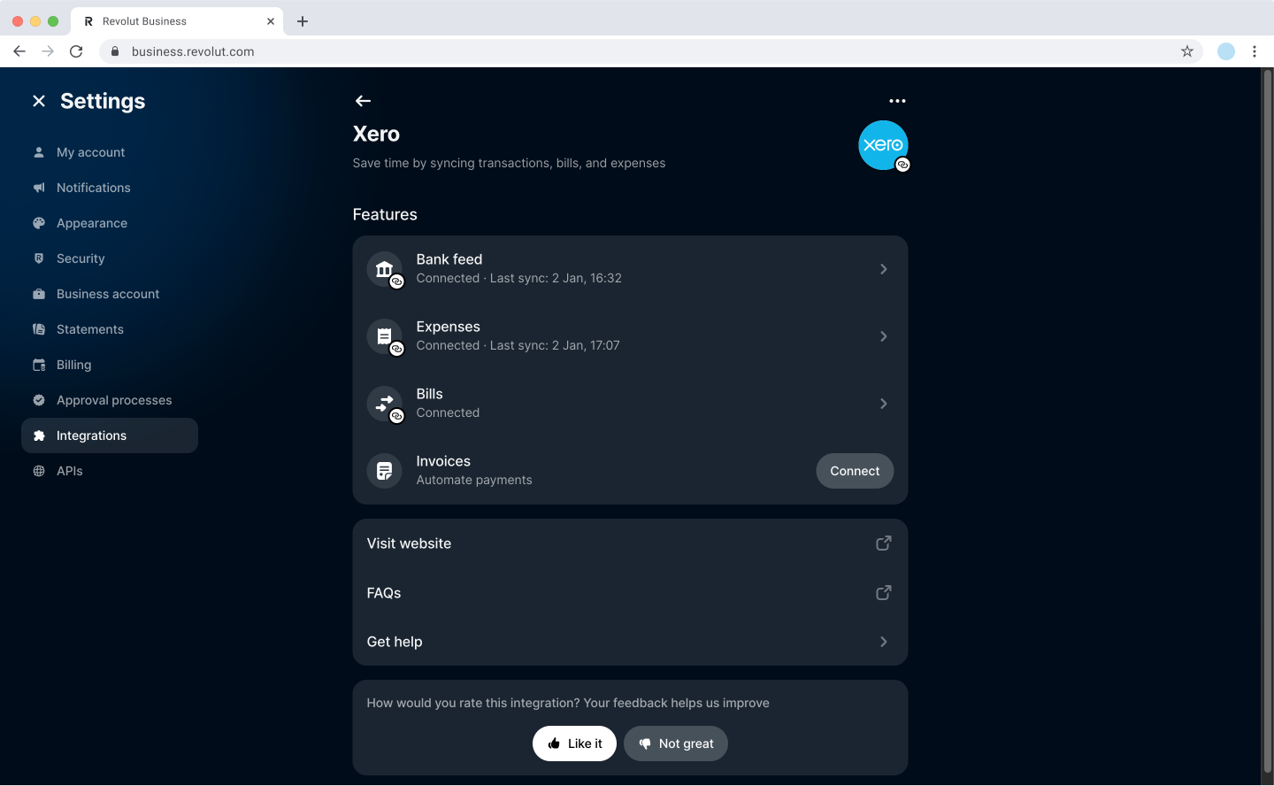 Revolut Business: Xero - Main screen