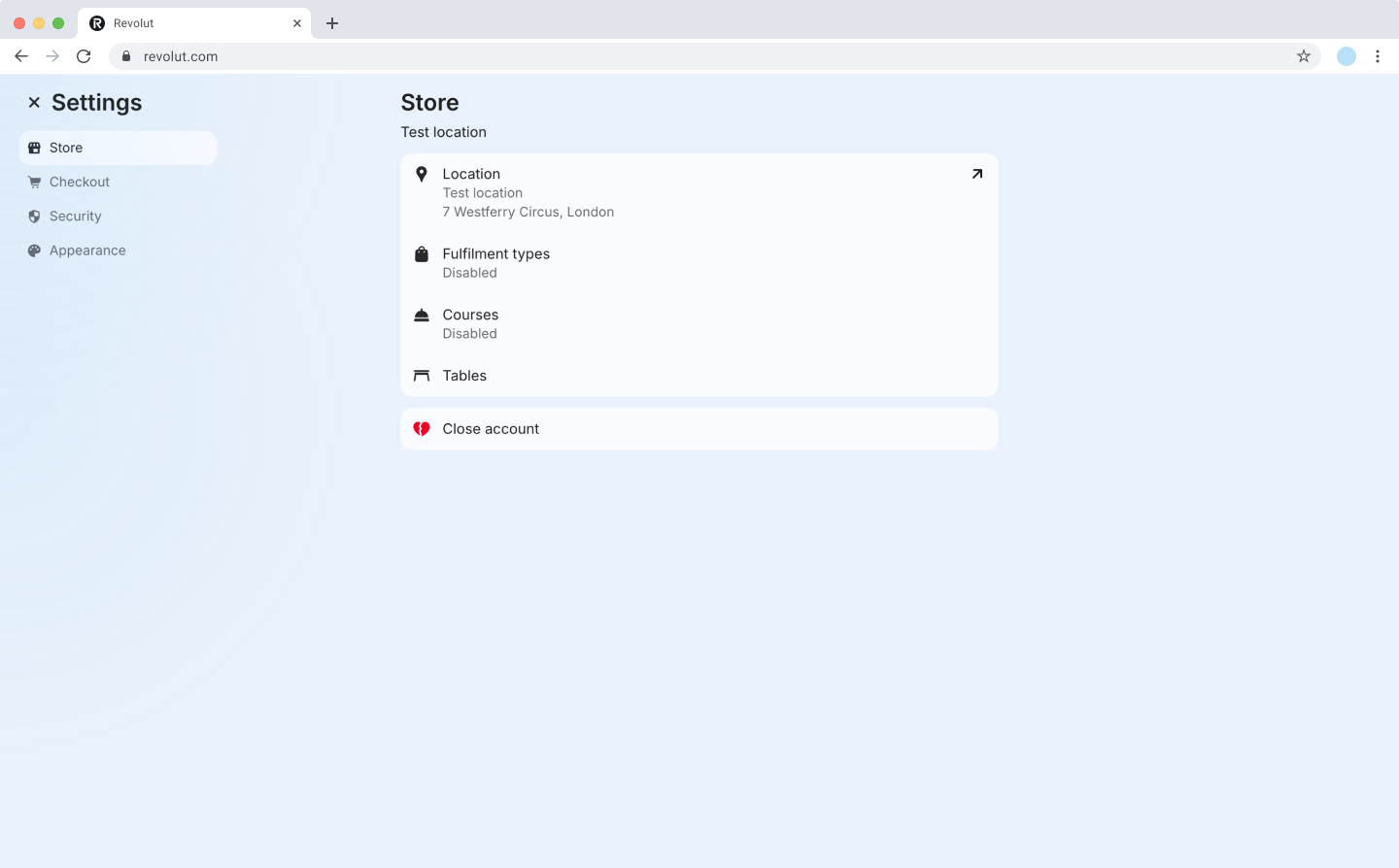 Revolut POS web portal: Store settings